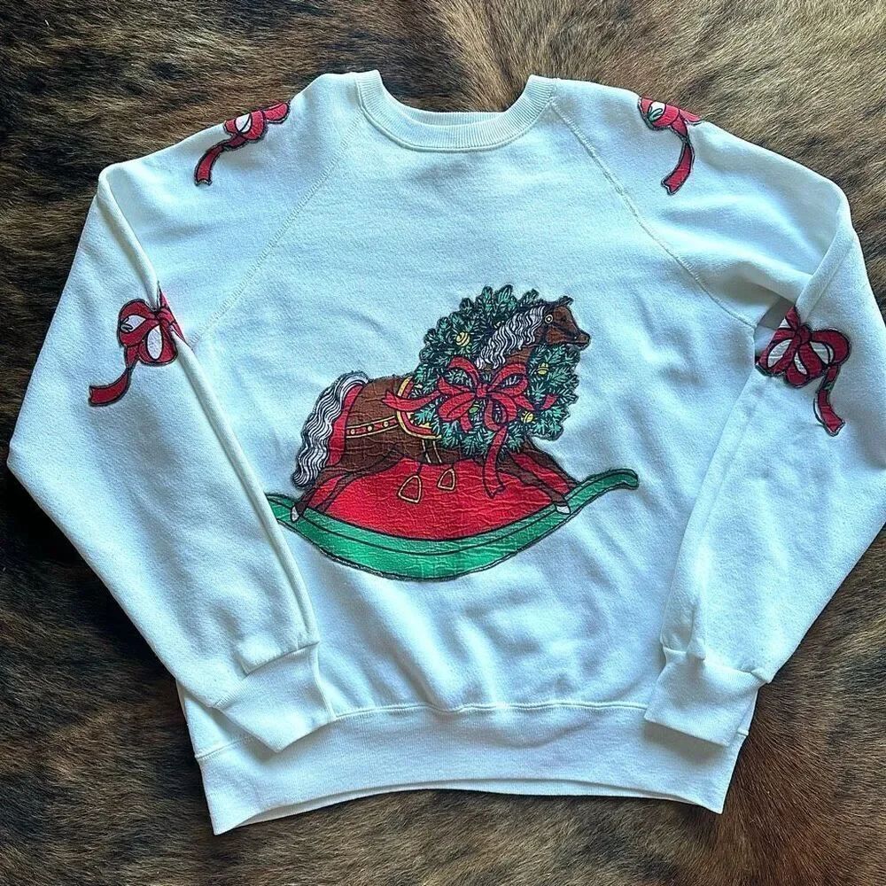 vintage rocking horse Christmas granny sweatshirt with glitter puffy paint by Le
